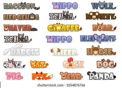 Vector big set cute cartoon text name animals, funny font