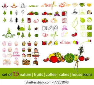 vector big set of cute fruits, vegetables, cakes, coffee and tree icons