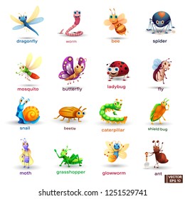 Vector big set of cute icons cartoon insects characters.