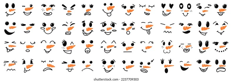 Vector big set of Cute Snowman Faces. Cute snowman faces - vector big collection. Cartoon Funny Doodle Snowman Head Face with Different Emotions Set. Winter Holidays, Christmas and New Year.