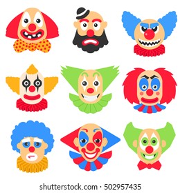 Vector big set with different clowns cartoon. Vector pack with scary, crazy and funny clown.