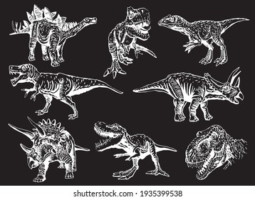 Vector big set of dinosaurs on black background,illustration,elements