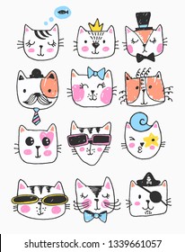 Vector big set of doodle cute sweet cats, sketch characters, hand drawn, illustration drawn with colored crayons and pen, clipart collection, ct's faces ith different emotions, emoticons, smileys