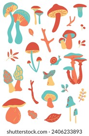 Vector big set with edible and inedible mushrooms, leaves, snail, branch in bright colors. Autumn forest stickers.