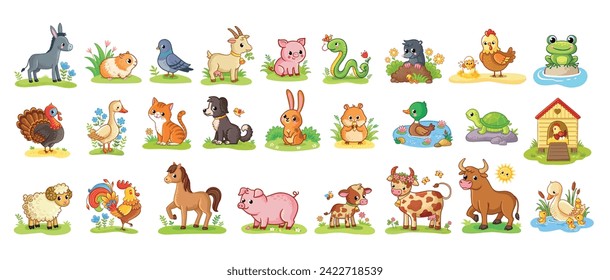 Vector big set with farm animals and pets. Collection of animals in cartoon style on a white background.