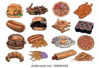 Vector gran conjunto de productos de comida rápida y panadería en elementos blancos aislados, de comida chatarra. Sacar comida