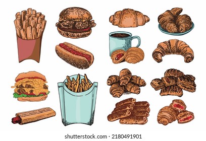 Vector big set of fast food  and bakery products on white isolated, junk food elements. Take away food