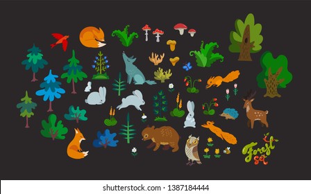 Vector big set of forest elements isolated on dark background. Color cute animal characters, trees and herbs.