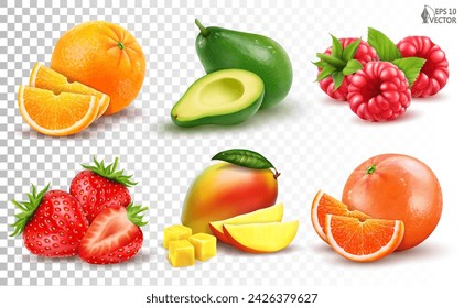 Vector big set of fresh tropical fruits. Orange, strawberries, mango, whole and pieces. 3D realistic food illustrations for advertising and packaging design