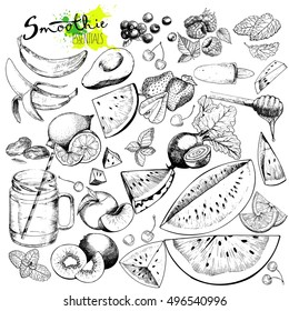 Vector big set of fruits and vegetables for detox smoothie. Hand drawn engraved monochrome elements. Use for restaurant, menu, ingredients, design, package, shop, store, banner, flyer, advertisement