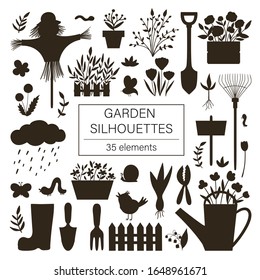 Vector big set of garden tools, flowers, herbs, plants silhouettes. Collection of black and white gardening equipment. Flat spring illustration isolated on white background