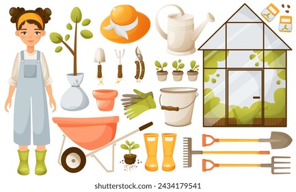 Vector big set of gardening supplies, tools, gardener character, glass greenhouse. Agricultural and gardening tools, clothing for the garden. Girl gardener, seedlings, seedlings, seeds.