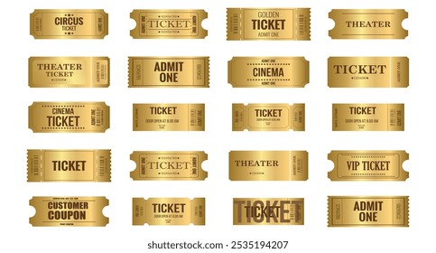 Vector big set of golden ticket template white isolated background. Invite gold ticket for casino, theater, cinema, movie, coupon, voucher.