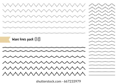 Vector big set of graphic design elements variation wide wavy line. Wavy - curvy and zigzag - criss cross unusual horizontal lines. Collection of different thin line wave isolated on white background