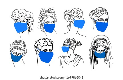 Vector big set Greek godds in a mask into self-isolation.Quarantine illustration of ancient Greek people protection against coronovirus.Design for web,posters,social networks,packaging,banners.