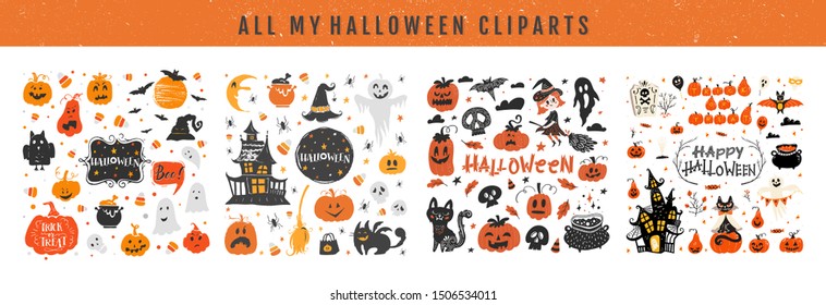 Vector big set of Halloween design elements . Halloween cliparts with traditional symbols and handwritten lettering. Perfect for party invitation, greeting card, flyer, banner, poster.