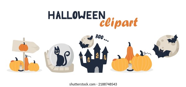 Gran conjunto de vectores de elementos de diseño de Halloween. Halloween recorre partes con símbolos tradicionales y letras escritas a mano. Perfecto para la invitación a fiesta, tarjeta de saludo, volante, pancarta, afiche.