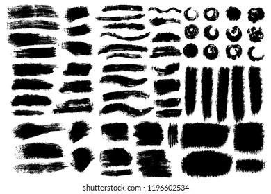 Vector big set of hand drawn brush strokes varios shape and texture, stains for backdrops. Monochrome design elements set. One color black artistic hand drawn backgrounds.