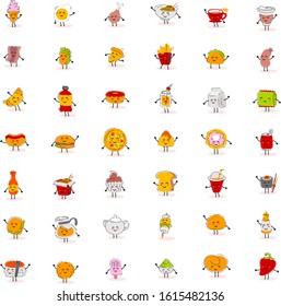 Vector big set of happy different fast food character icon on white background. Flat line art style color design of fast food for web, site, banner, sticker, print