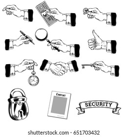 Vector big set of icons of mens hands making various gestures, holding money, ink pen, magnifying glass, key, pocket watch. Engraving style.