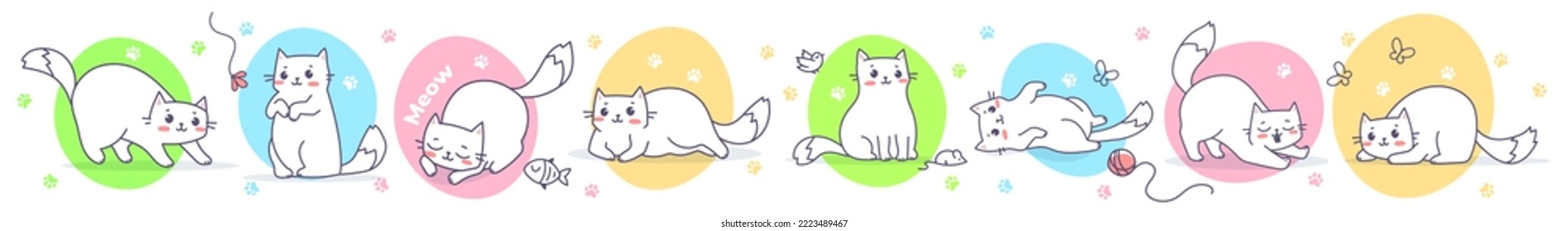Vector big set of illustration of happy cute cat character in different pose with fish and bird on color background. Flat line art style design of animal cat for web, site, banner, poster, child card