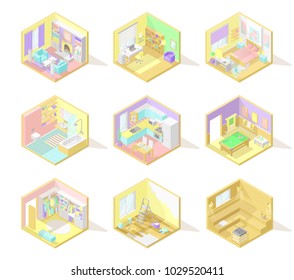 Vector big set of isometric home interiors: living room, bed room, working room, kitchen, bath, wardrobe and other in pastel colors