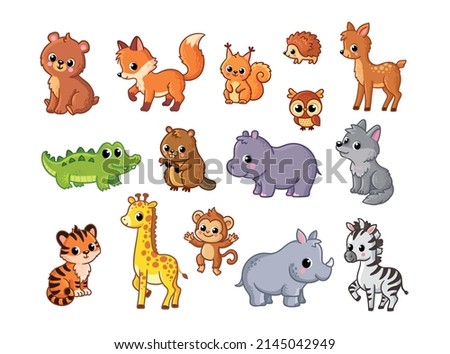 Vector big set with kids animals of Africa and forests. Collection of baby animals on a white background in cartoon style.
