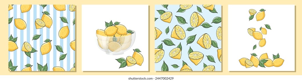 Vector big set of lemons seamless pattern Fresh yellow lemons with leaves. Citrus fruits concept designs Fresh lemons design elements and repeatable endless patterns Multiple uses Vector illustration 