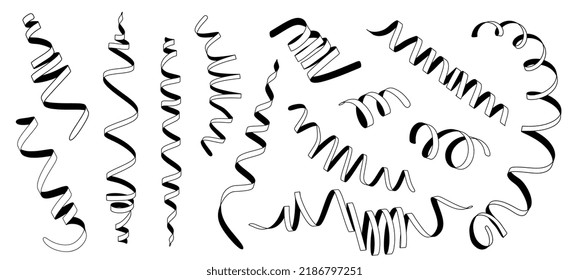 Vector big set of line art style black and white curled ribbon on white color background. Creative holiday design of ribbon for greeting card, banner, poster