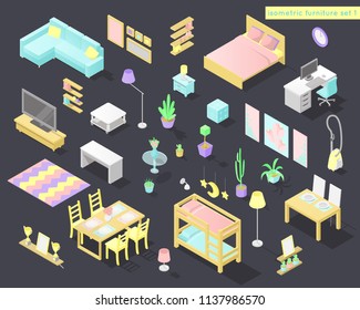 Vector big set of low poly isometric furniture and decoration for home interiors - living room, bedroom, kids room and other in pastel colors