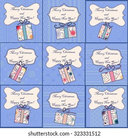 Vector big set of mini christmas and new year cards with gifts vintage