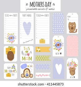 Vector big set of Mothers Day cards, tags, notes and stickers with funny animals and flowers. Colorful spring printable templates. For greeting cards, invitations, stationery, gifts decoration. 