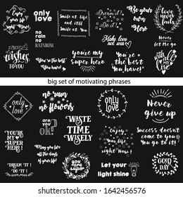 vector big set of motivating phrases. Vector lettering. Black background.