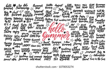 Vector big set of motivation and inspirational quotes about summer travel, positive journey phrases to poster, greeting card, printable wall art, Handdrawn calligraphy vector 