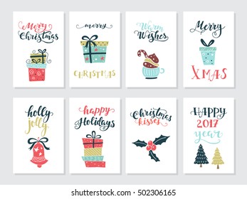 Vector big set of New Year and Christmas greetings cards and invitations  isolated on background. Unique handwritten quotes, lettering and elements . Xmas quotes collection. Holiday calligraphy.