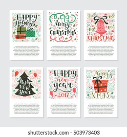 Vector big set of New Year and Christmas greetings cards and invitations  isolated on background. Unique handwritten quotes, lettering and elements . Xmas quotes collection. Holiday calligraphy.