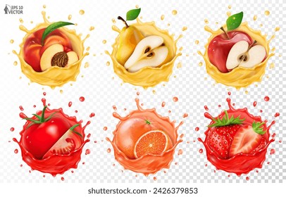 Vector big set of realistic ripe fruits in a transparent splash of juice. Peach, apple, tomato, whole and halves. 3D food illustrations for advertising and packaging design