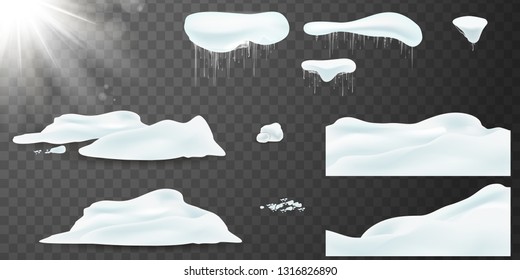 Vector Big Set Of Realistic Snow Caps, Snowball, Pile, Icicles, Snowdrift. Christmas Snow, White Elements, Holiday Vector Snow. Design Template For Winter And Christmas. Spring Sun Flash With Rays.