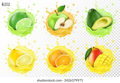 Vector gran conjunto de frutas tropicales realistas en salpicadura de jugo transparente. Naranja, mango, lima, entero y mitades. Ilustraciones de alimentos 3D para diseño de publicidad y envases