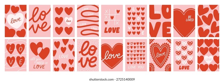 Vector gran conjunto de tarjetas románticas con corazones decorativos y citas de amor escritas a mano. Lindos diseños de San Valentín en rosa suave y rojo, perfecto para tarjetas de felicitación, impresiones y regalos.