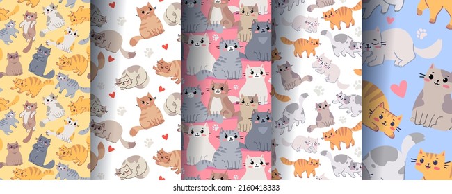 Vector big set of seamless pattern with happy cat character in different pose on color background. Flat line art style design collection of animal cat for web, greeting card, banner, print, textile