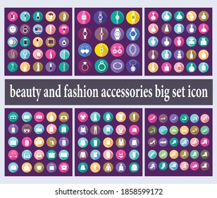 Vector big set of Shopping symbols of woman fashion clothes, jewelry, accessories and Cosmetic beauty items in flat style. 