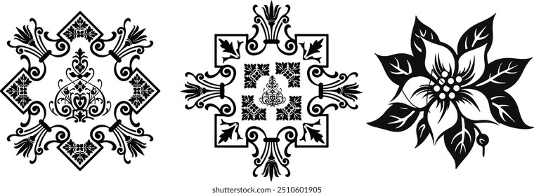 Vector big set of silhouette flowers stock illustration. Seamless vector textile floral border design for textile fabrics, ceramic tiles and wallpapers	