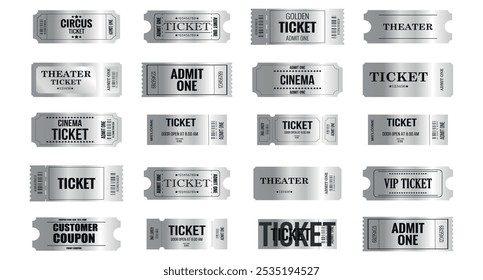 Vector big set of silver ticket template white isolated background. Invite silver ticket for casino, theater, cinema, movie, coupon, voucher.