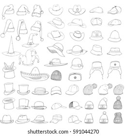 Vector Big Set of Sketch Hats and Caps. 57 Headwear Items.