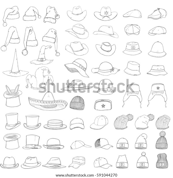 Vector Big Set Sketch Hats Caps Stock Vector Royalty Free 591044270 Shutterstock
