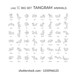 Vector big set of tangram animals created from lines. 48 linear icons on a white background. Tangram children brain games cutting transform puzzle vector set.