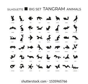 Vector big set of tangram from animals silhouettes. 48 silhouette icons on a white background. Tangram children brain game cutting transformation puzzle vector set.