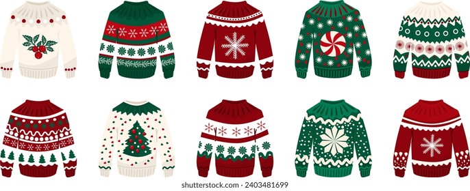 Vector big set of ugly Christmas sweaters in red and green colors. Sprig of mistletoe, snowflake, Christmas tree, patterns. 10 illustrations in cartoon style classic colours 