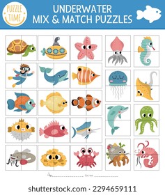 Vector big set of under the sea mix and match puzzle with cute characters. Matching ocean life activity for preschool kids. Educational printable game with turtle, submarine, diver, dolphin, seaweeds
